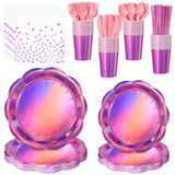 200PCS Pink Plates & Napkins Party Set for 25 Guests, Holographic Pink Decorations