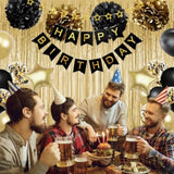 Birthday Decorations For Men Women, Gold And Black Party Decorations, Happy Birthday Banner With Black Gold Balloons Pom Poms Confetti Foil Fringe Curtains, Men Golden Party Decorations