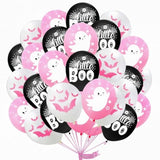 Happy Halloween Balloons – Pink White Black Latex with Ghost Bat & Web