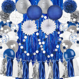 Navy Blue White Silver Party Decorations,46Pcs Kit Balloon Paper Pompom Tassel Garland Men Blue And Silver Graduation Decorations Wedding Baby Bridal Shower Birthday Decor