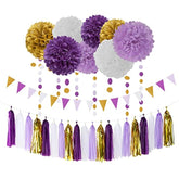 Purple Gold Graduation Decorations - 30Pcs Kits Lavender White Paper Flowers,Banner Flags,Tassel Streamer Garland Engagement Girl Baby Bridal Shower Party Decoration