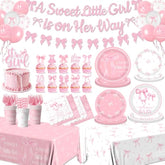 Pink Bow Baby Shower Decorations For Girl,Pink Bow Birthday Party Supplies Include Bow Plate,Napkin,Banner,Cake Topper,Balloons Welcome Baby Girl Decorations For Coquette Bow Party Serves 25