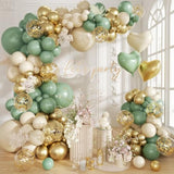 160Pcs Sage Green Gold Balloon Arch Kit with White Sand & Confetti Balloons