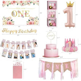 Girl's 1st Birthday Decor Set β Pink Gold Balloons, Banner, Backdrop, Crown & More