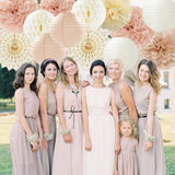 Champagne Gold Beige Peach Boho Streamers 14 Pcs Paper Honeycomb Lanterns Fans Decor