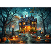 Halloween Haunted House Backdrop 7x5ft Spooky Pumpkin Path Photo Booth Decor