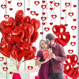 Red Heart Balloons, 24Pcs 18Inch Red Foil Heart Shaped Love Balloons And 50Pcs Heart Hanging Streamer For Valentines Day Decorations, Birthday, Proposal, Wedding Party