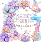 95pcs 7th Birthday Decor for Girls with Banner, Butterflies & Pink Purple Balloons