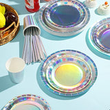 Iridescent Silver Party Supplies Decorations, Holographic Paper Plates And Napkins Set, Disposable Silver Paper Plates Cups Knives Spoons Fork Straw For Disco Bachelorette Birthday Party, Serve 25