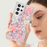 For Galaxy S24 Ultra Bling Case With Strap, Luxury Glitter Rhinestone Diamond Crystal Sparkle Rose Flower Pearl Floral Bracelets Soft Bumper Protective Case Cover For Women Girls Pink