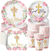 250 Pcs Pink Baptism Cross Disposable Tableware Set First Holy Communion Baptism Disposable Paper Plates Napkins And Cups For Christening Celebration Baby Shower Religious Supplies