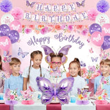 Butterfly Decorations, 37Pcs Happy Birthday Banner Balloons Honeycomb Centerpieces Cake Topper Kit, Purple And Pink Party Decorations