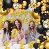 2026 New Year Party Balloon Arch Kit with Gold Black Banner and Confetti