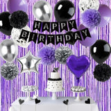 Black Purple And Sliver Happy Birthday Party Decorations Balloons, Purple Birthday Decorations With Banner Curtains For Women Men Boys Girls