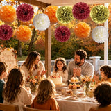 Tissue Paper Pom Poms Party Decorations Burgundy Gold Orange Ivory Paper Flower Balls Hanging Paper Pom Pom Flowers for Fall Wedding Bridal Shower Birthday Thanksgiving Autumn Party Backdrop Decor