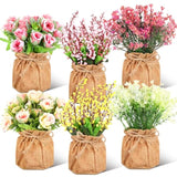 6 Pcs Artificial Potted Flowers Plastic Faux Flowers In Small Burlap Bag Vases Fake Spring Flower Table Centerpiece Fake Potted Plants For Home Farmhouse Office Kitchen Indoor Outdoor Table Decoration
