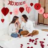 18Pcs Blush Pink Red Valentine'S Day Party Decoration Pom Pom, Love Heart Tissue Paper Honeycombs, Glitter Xoxo Banner Paper Decor Lantern Ornament For Birthday, Engagement, Wedding