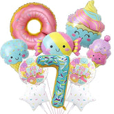 10Pcs Ice Cream Balloons, Donut Candy Birthday Number Mylar Foil Balloon Ice Cream Theme 7Th Birthday Party Supplies Decorations