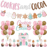 Cookies And Cocoa Party Decorations, Pink Cookies And Cocoa Banner Christmas Gingerbread Man Banner Cake Topper Balloons For Christmas Hot Cocoa Bar Supplies Birthday Party Decorations