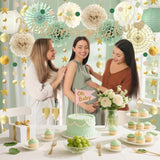 Sage Green Baby Shower Decorations - Welcome Baby Banner, Paper Lanterns, Tissue Pom Poms, Honeycombs, Paper Fan Tassel, Circle Dots Star, Gender Reveal Birthday Party Decorations