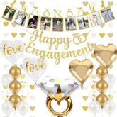 Engagement Party Decorations - Gold Engagement Congratulations Decor, Happy Engagement Banner, Thickened Eco Ring Balloon Kit With Photo Timeline Banner, Heart Streamers Garlands