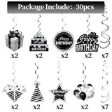 16PCS Black White Silver Birthday Swirls – Ceiling Hanging Party Decor set