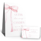 Guess How Many Candies Sign(1 Standing Sign-50 Guessing Cards) Pink Bow Theme Party Activities Game Cards Kit For Baby Showers, Newborn Parties, Bridal Shower, Engagement, Wedding Shower, Birthdays-37
