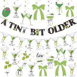 42Pcs A Tini Bit Older Birthday Banner With Hanging Swirls Bow Decorations Olive Green Martini Party Decorations For Women, Coffee Party, Summer Birthday Party.