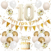 10th Birthday Decorations in Sand and Gold with Balloons and Banner
