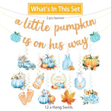 Little Pumpkin Baby Shower Decorations For Boy, Fall Blue Gender Reveal Decor, A Little Pumpkin Is On His Way Baby Shower Banner And Hanging Swirls