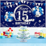 Blue Silver 15Th Birthday Banner Decorations For Boys, Happy 15 Birthd