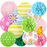 15Pcs Spring Decor Paper Lanterns Pom Poms Hanging Swirls Spring Party Hanging Decorations For Home Office Classroom Birthday Outdoor Indoor