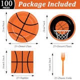 100 Pcs Basketball Party Tableware Set – Plates & Napkins for Boys' Birthday, Serves 25 Guests