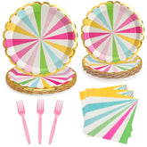 96Pcs Colorful Party Paper Plates With Gold Scalloped Edge, Colorful Scalloped 9Inch 7Inch Dessert Paper Plates Party Supplies For Birthday Bridal Shower Picnic, Serve For 24 Guests, Striped