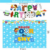 4th Birthday Party Set: "Reach Four the Sky" Banner, Cake Toppers, Balloons