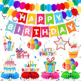 Colorful Rainbow Birthday Party Decorations Kit, Banner, Spiral Decorations, Honeycomb Centerpieces