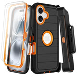 Heavy Duty Shockproof iPhone 16 Case with Belt Clip Holster, 2X Screen Protectors, 3 Layers Full Covered Rugged Durable Phone Cover with Kickstand 6.1" Black Orange