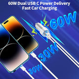 Apple MFi 60W Dual USB-C Car Charger with 2 Type-C to Lightning Cables for iPhone