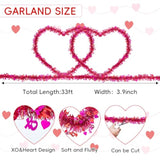 33Ft Valentines Tinsel Garland, Red Pink Metallic Twist Foil Tinsel Garland With Heart Ornament Hanging Heart Garland For Valentines Wedding Birthday Party Indoor Outdoor Decoration