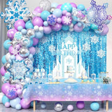159Pcs Snowflake Birthday Party Decorations For Girls, Winter Balloon Arch Wonderland Backdrop Tablecloth 24'' Large Snowflake Balloon Sticker, Kids Princess Winter Birthday Party Decorations
