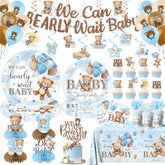 Blue Bear Baby Shower Decorations,219Pcs Baby Shower Tableware Set Banner, Plates And Napkins, Tablecloth, Cake Toppers, Honeycomb Balls For Boy Neutral Bear Themed Party Decorations Severs 24