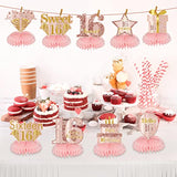 Pink Rose Gold Sweet 16 Honeycomb Table Toppers, 9pcs