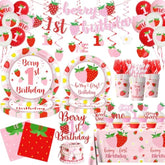 Berry First Birthday Decor, Strawberry 1St Birthday Decorations For Girls, Sweet One Balloon Banner Cake Toppers Tablecloth Plates And Napkins For Strawberry Baby Shower Decorations