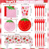 Strawberry Party Tableware Set Strawberry Theme Paper Plates Napkins Cups Strawberries Plastic Tablecloth Disposable Strawberries Party Supplies For Birthday Baby Shower, Pink