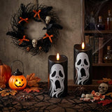 Halloween Black Flameless Pillar Candles with Ghost Decals, 2PCS
