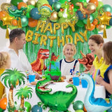 Dinosaur Birthday Party Decorations Supplies, 125Pcs Dinosaur Green Orange Blue Balloons Garland Arch Kit Happy Birthday Dino Foil Balloon Curtain For Kids Boys Dino Jungle Safari Baby Shower Party