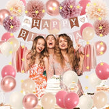 Retro Blush Pink Birthday Decorations, Boho Balloons, Banner & Tassel Garland