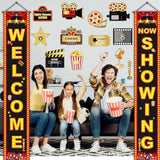 Movie Night Porch Sign Banner 12Pcs Movie Signs Cards For Home Film Backdrop Party Decoration Welcome Now Showing Door Hanging Banner Night Cutouts For Theater Photography Family Party Supplies