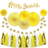 33 Pcs Yellow Birthday Decorations, Banner & Paper Fans for Honeybee, Sunflower Party