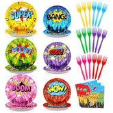96Pcs Super Theme Hero Party Decorations Colorful Comic Hero Plates And Napkins Dessert Tableware Sets Super Theme Hero Birthday Decorations Favors For Kids Baby Shower Spider Party Supplies Serve 24